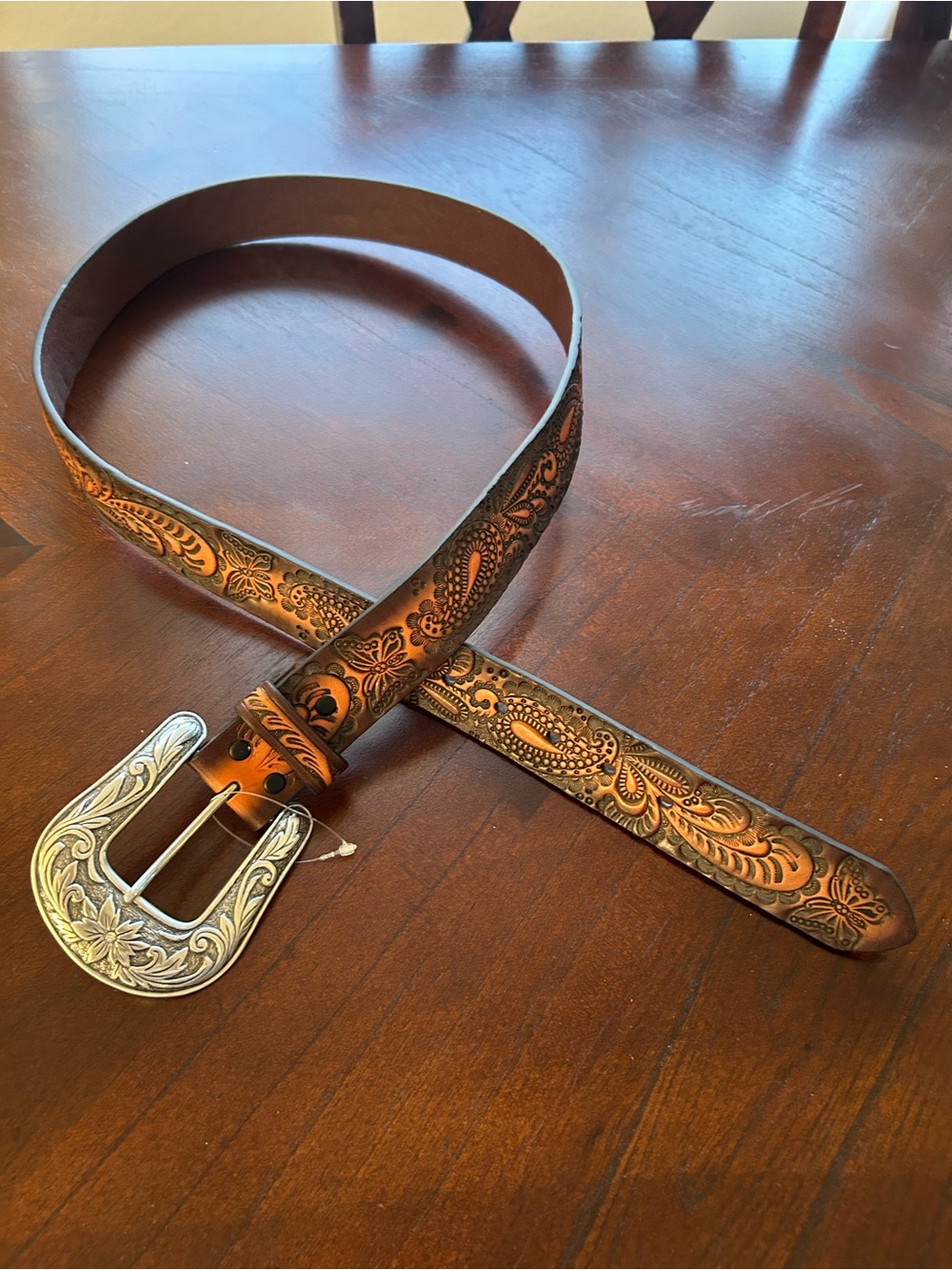 New Angel ranch Western Tooled Floral Leather Belt in Brown with Silver Buckle